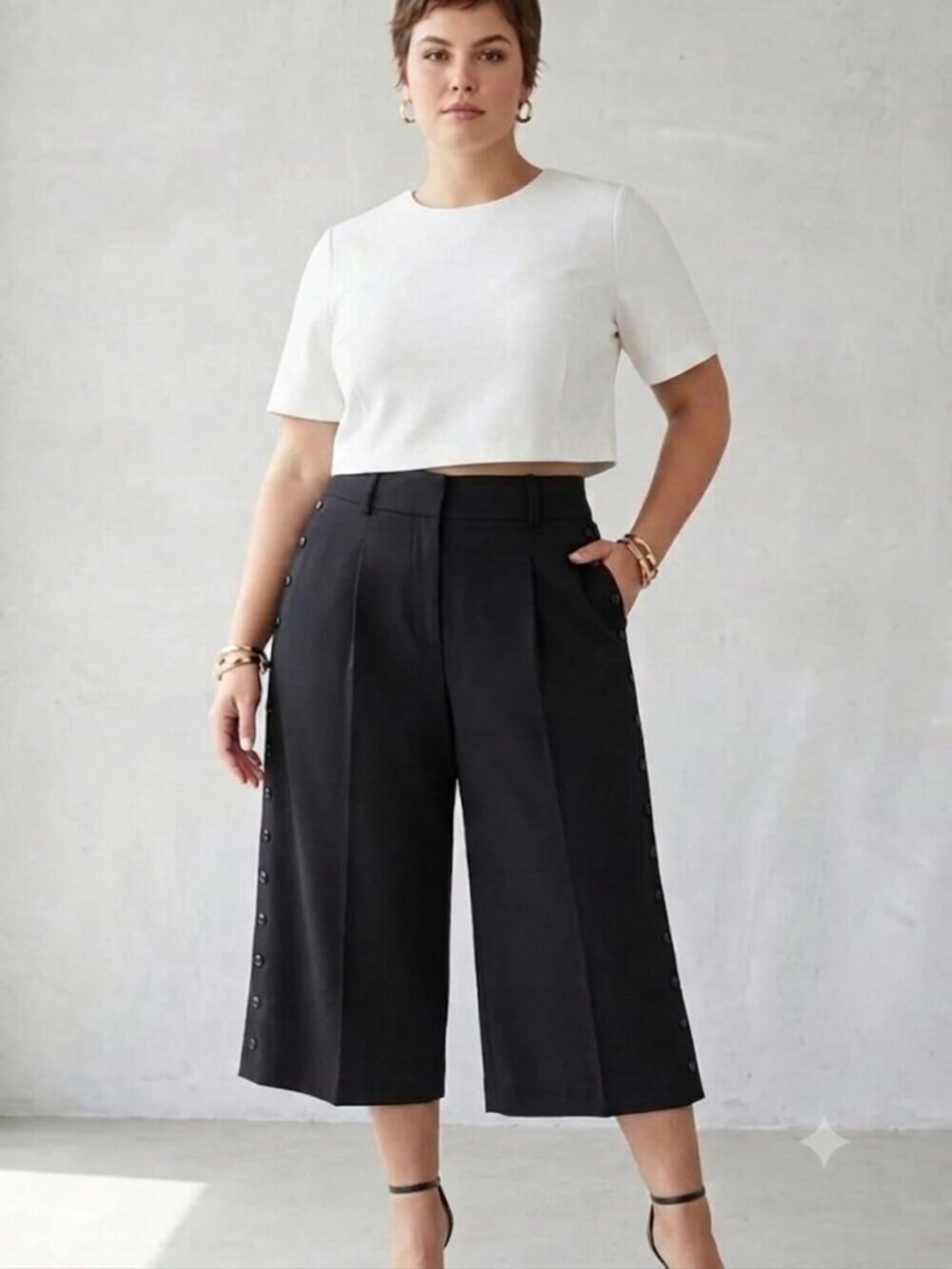 DKNY Women’s Size 14 Black Button Side Wide Leg Culotte Pants NWOT Stretch